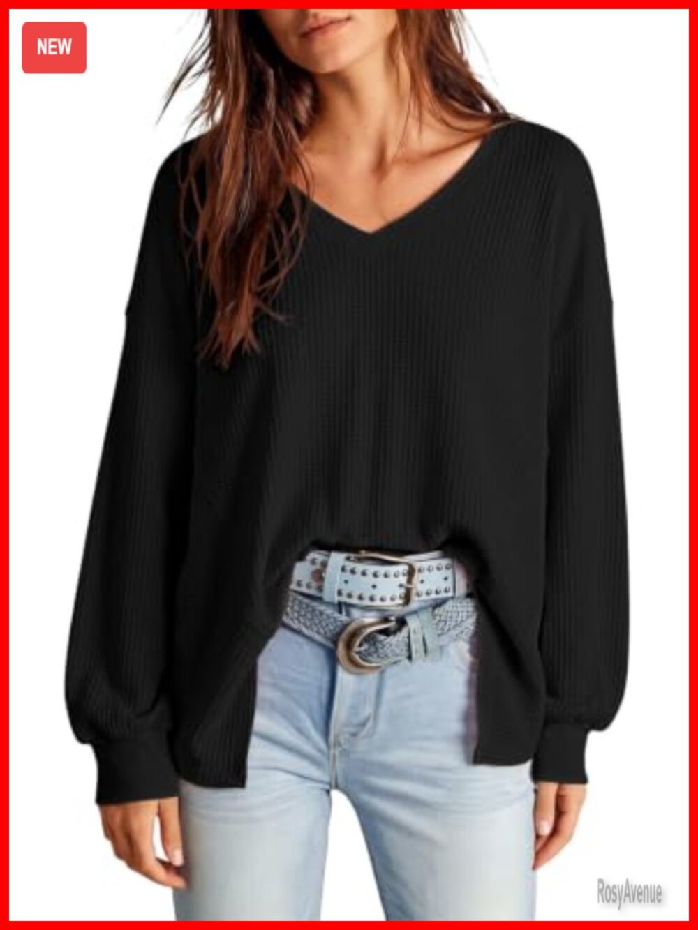 Waffle Knit Oversized V-Neck Long Sleeve Pullover Top
